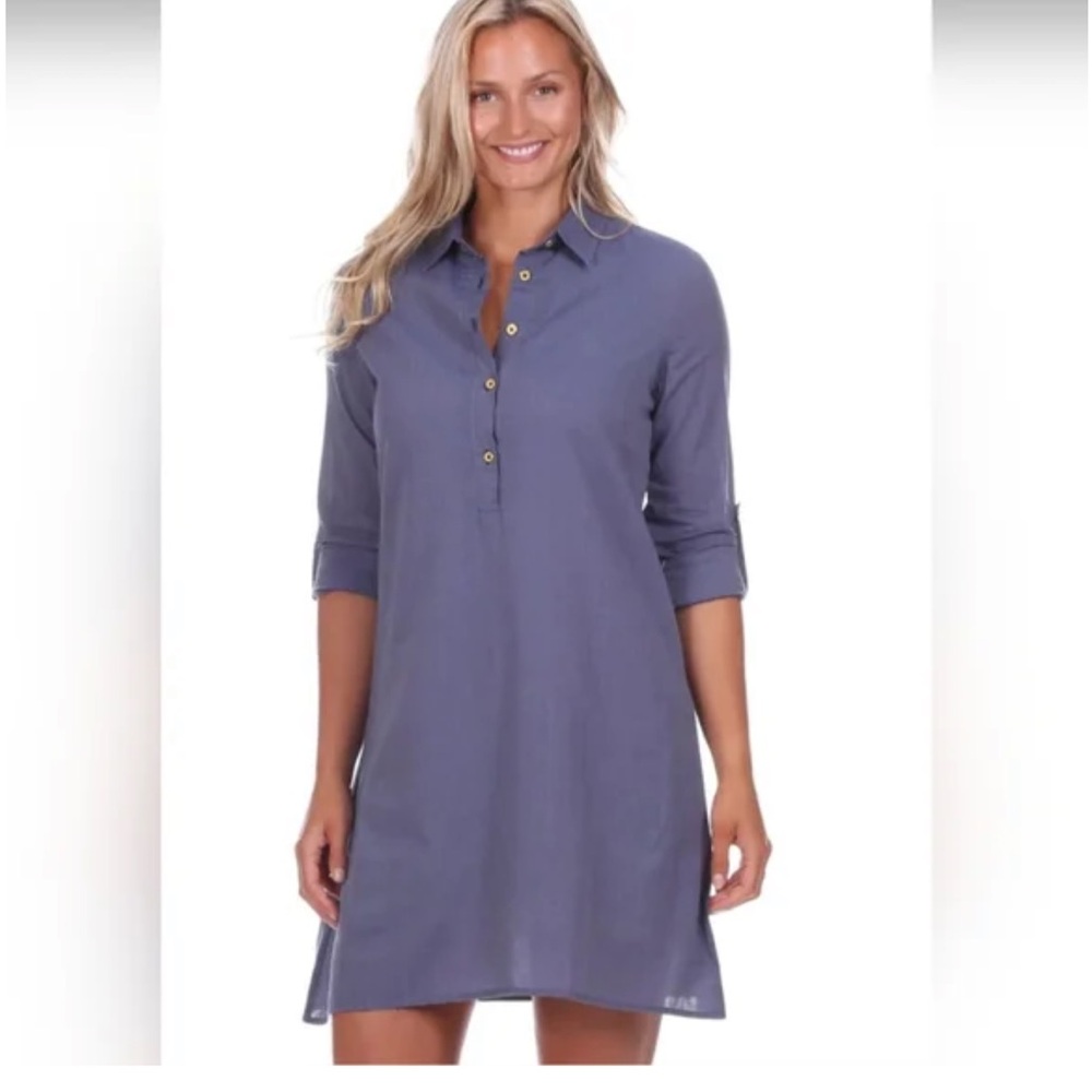 Duffield Lane Keys Casual Button-Front Shirt Dress in Dusty‎ Blue